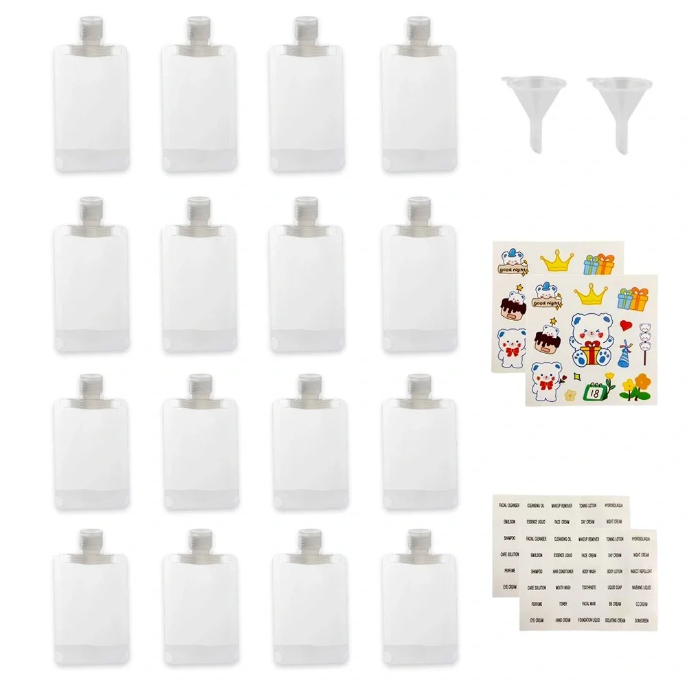 Travel Pouches for Toiletries with Funnels and Stickers